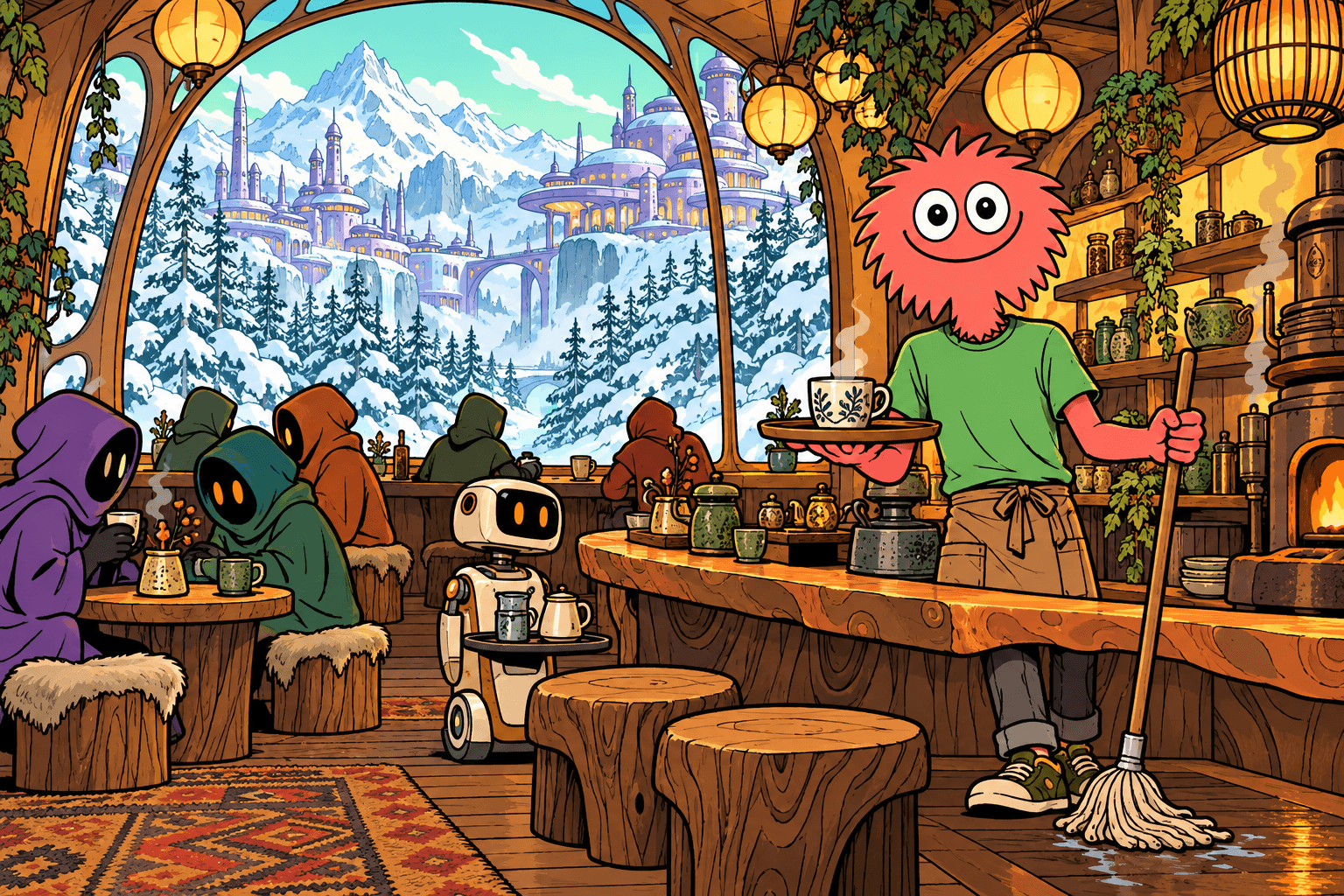 Zip serving tea at the Doorstep, overlooking snowy Meldan