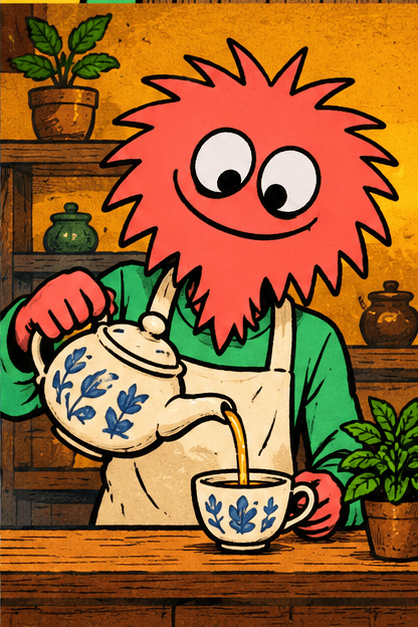 Zip pouring tea at the Doorstep